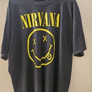 NIRVANA Black Tee with Yellow Smiley Graphic